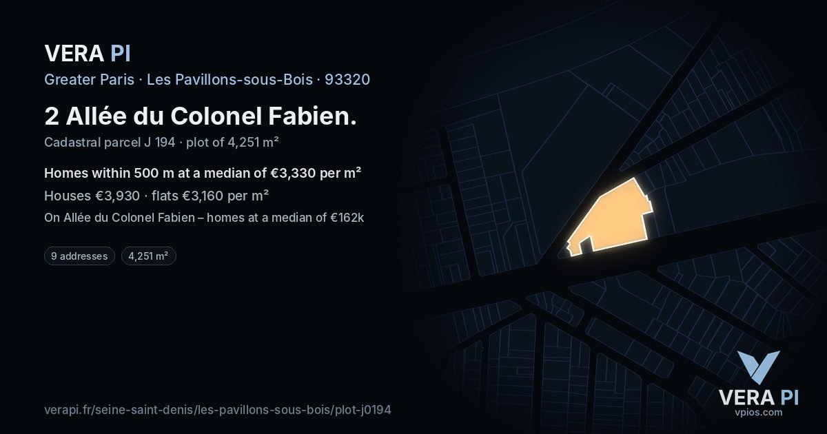 2 Allée du Colonel Fabien, Les Pavillons-sous-Bois at night – the plot lit, the parcels around coloured by the prices near them