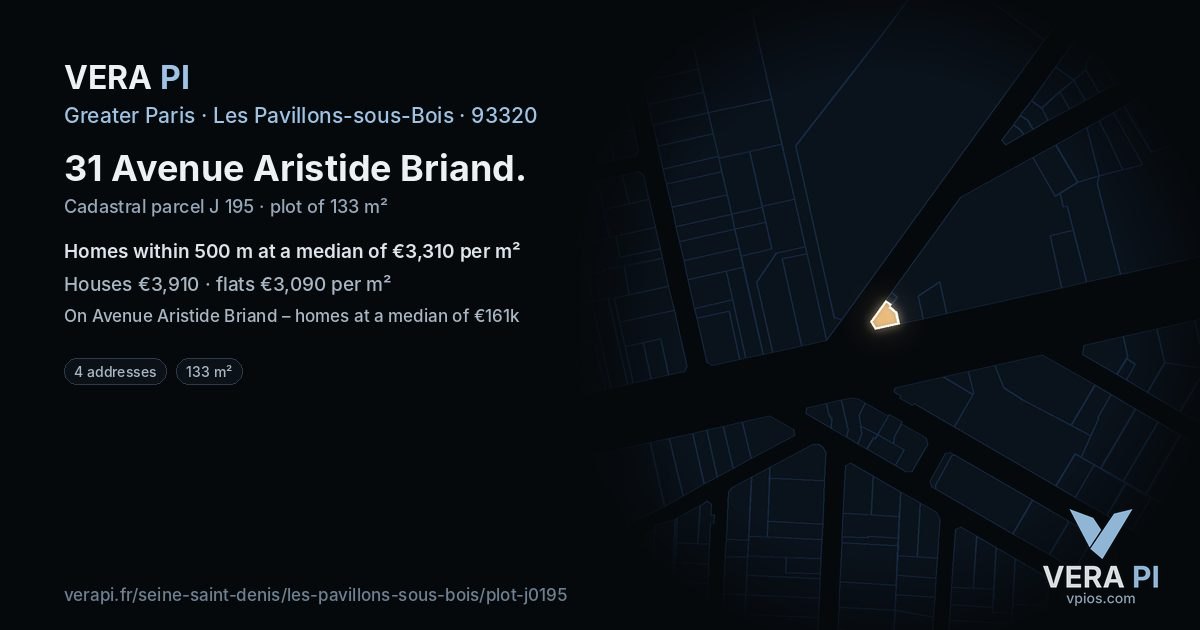 31 Avenue Aristide Briand, Les Pavillons-sous-Bois at night – the plot lit, the parcels around coloured by the prices near them
