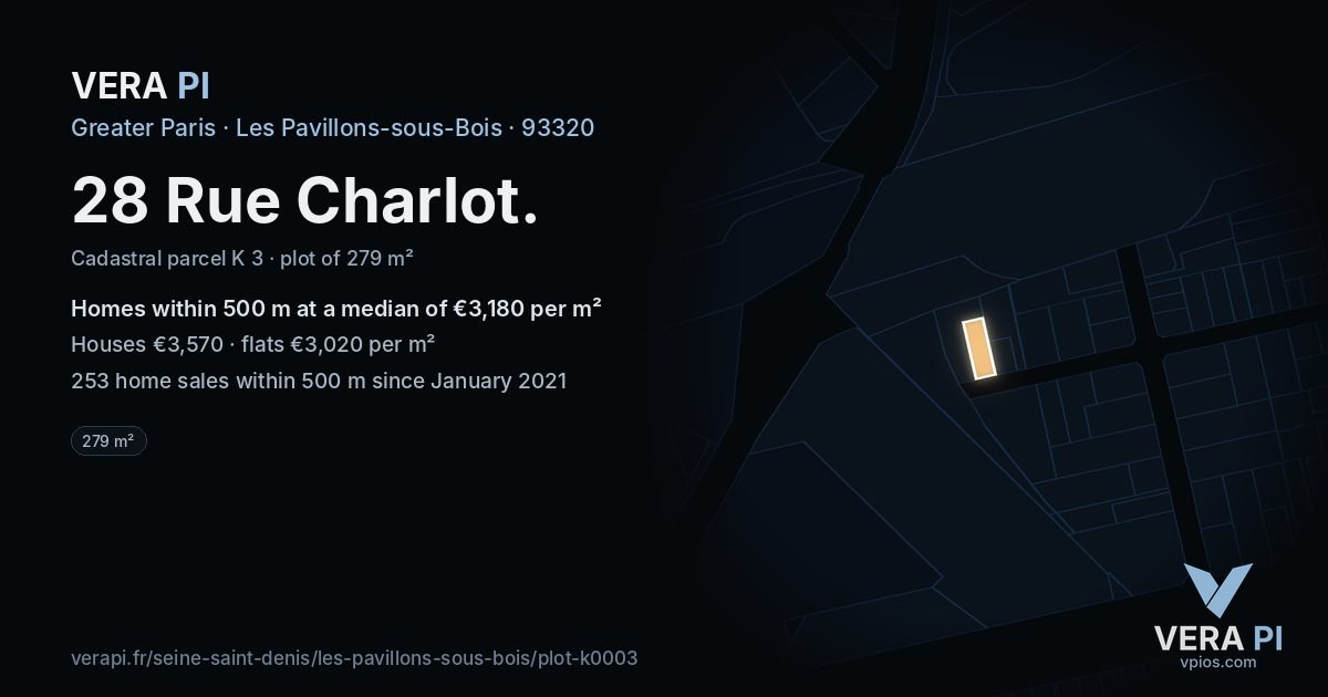 28 Rue Charlot, Les Pavillons-sous-Bois at night – the plot lit, the parcels around coloured by the prices near them