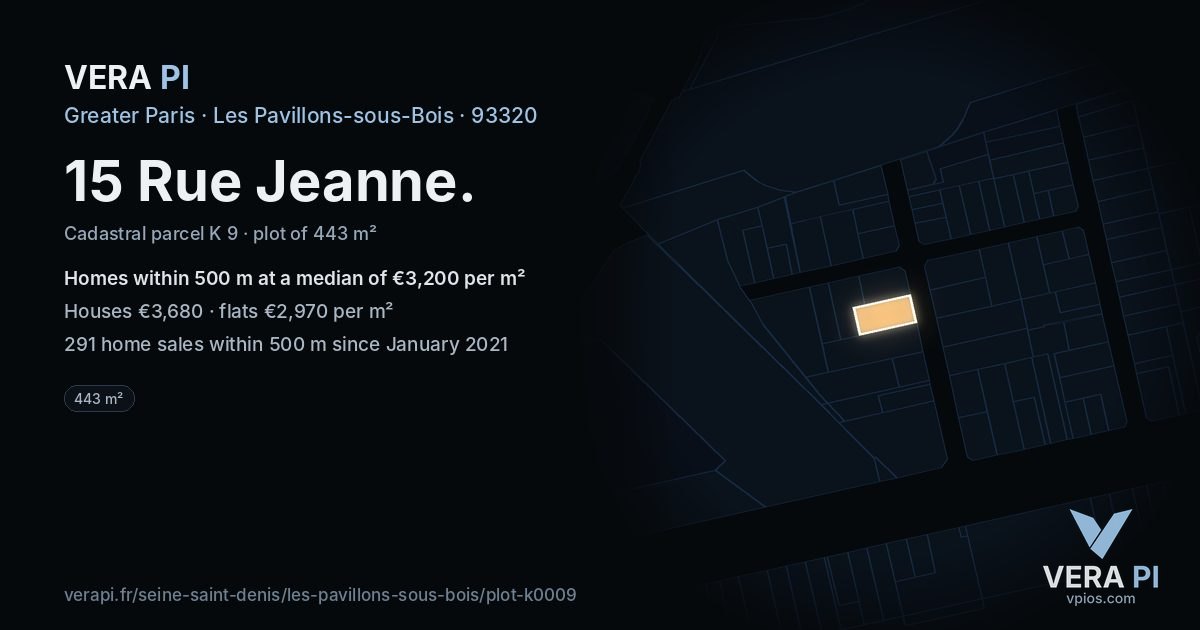 15 Rue Jeanne, Les Pavillons-sous-Bois at night – the plot lit, the parcels around coloured by the prices near them