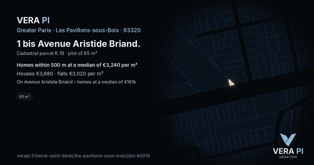 1 bis Avenue Aristide Briand, Les Pavillons-sous-Bois at night – the plot lit, the parcels around coloured by the prices near them