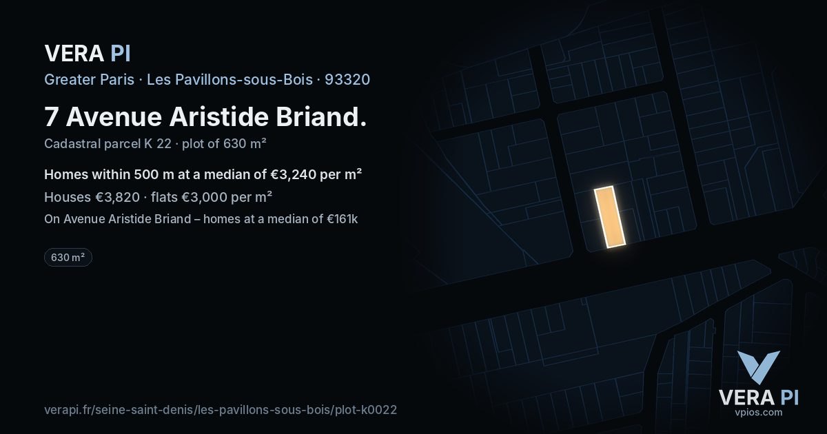7 Avenue Aristide Briand, Les Pavillons-sous-Bois at night – the plot lit, the parcels around coloured by the prices near them
