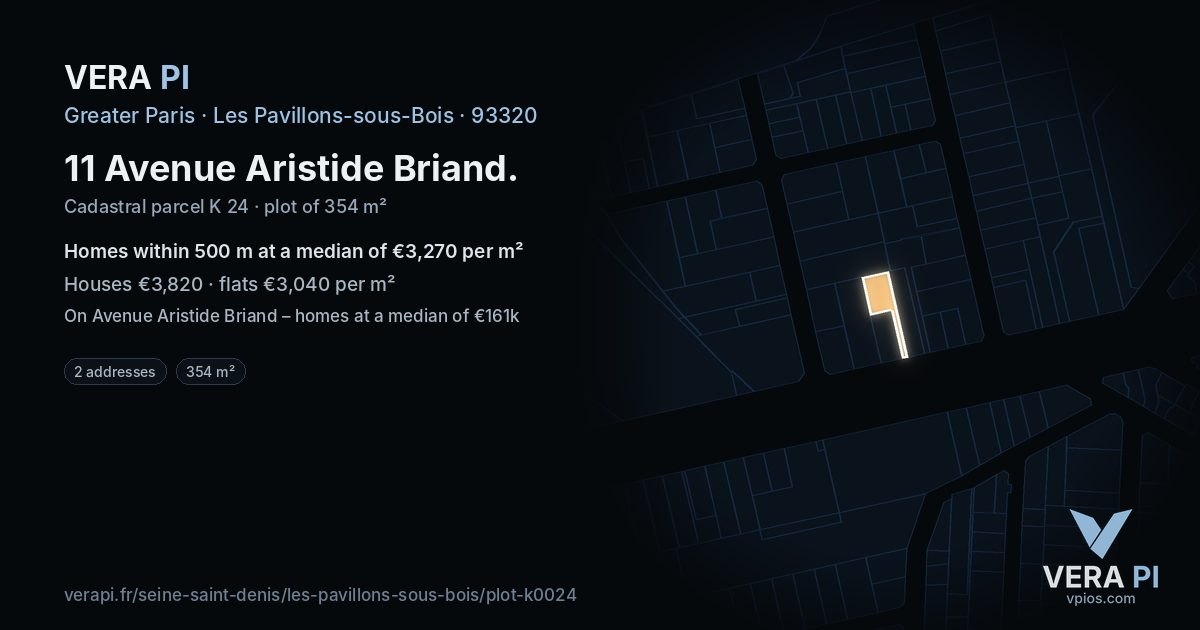11 Avenue Aristide Briand, Les Pavillons-sous-Bois at night – the plot lit, the parcels around coloured by the prices near them
