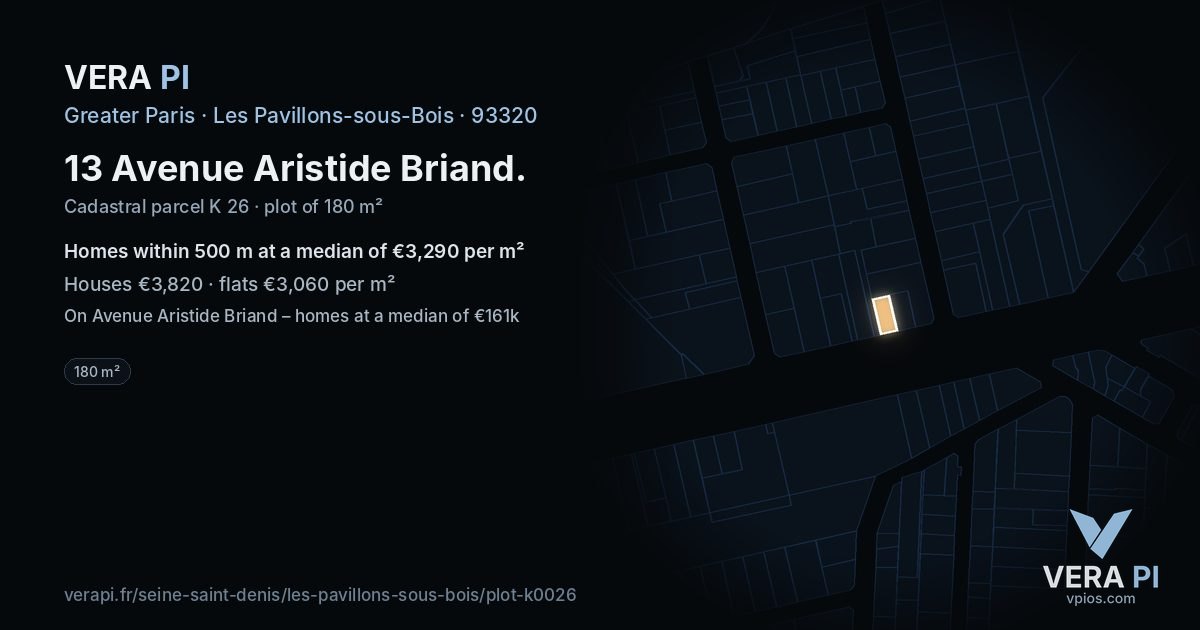 13 Avenue Aristide Briand, Les Pavillons-sous-Bois at night – the plot lit, the parcels around coloured by the prices near them