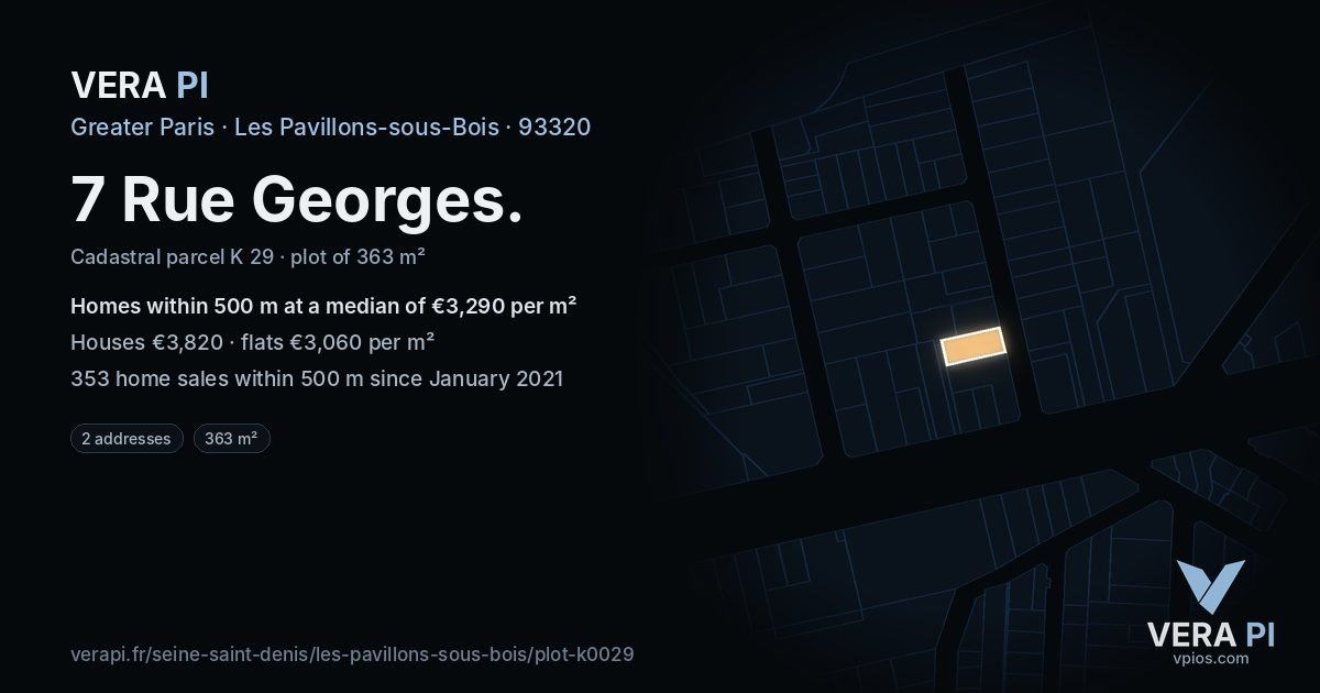 7 Rue Georges, Les Pavillons-sous-Bois at night – the plot lit, the parcels around coloured by the prices near them