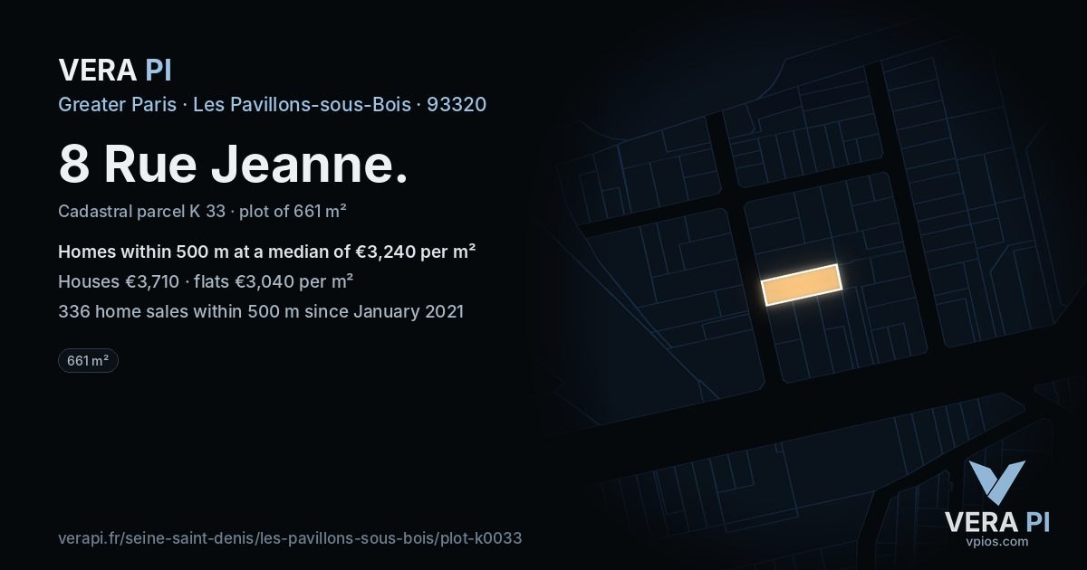 8 Rue Jeanne, Les Pavillons-sous-Bois at night – the plot lit, the parcels around coloured by the prices near them