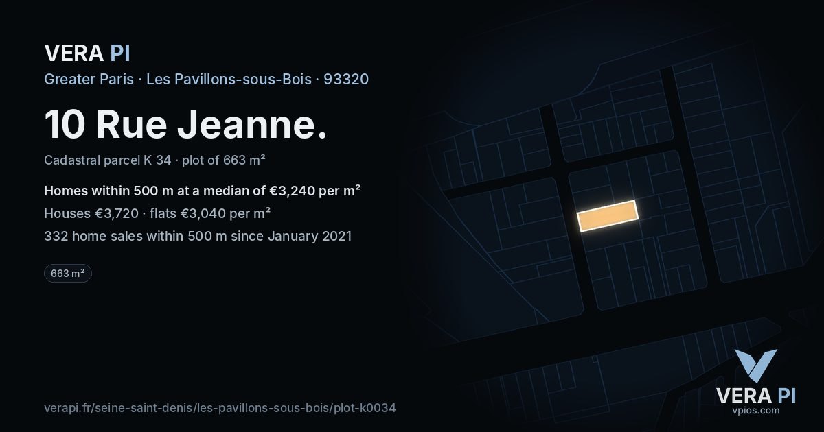 10 Rue Jeanne, Les Pavillons-sous-Bois at night – the plot lit, the parcels around coloured by the prices near them