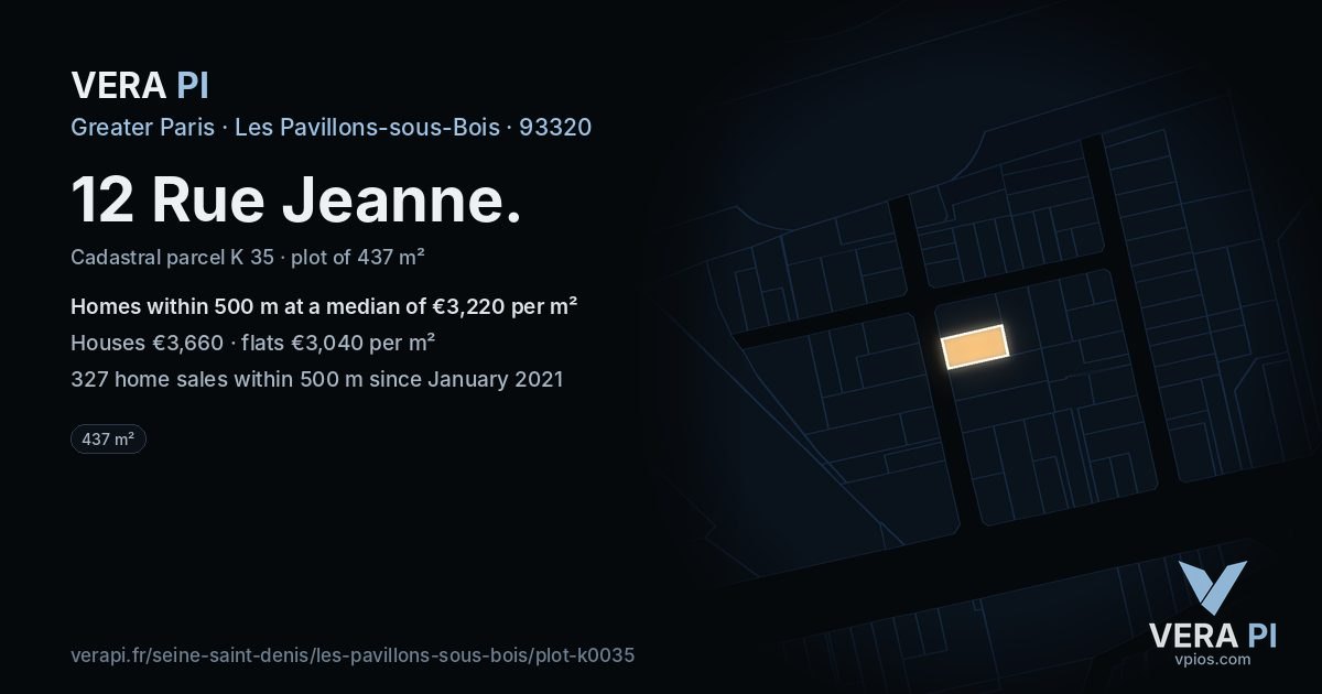 12 Rue Jeanne, Les Pavillons-sous-Bois at night – the plot lit, the parcels around coloured by the prices near them
