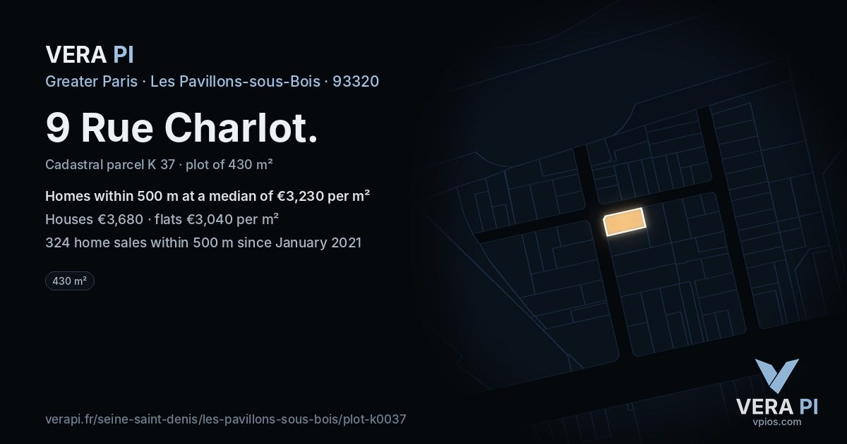 9 Rue Charlot, Les Pavillons-sous-Bois at night – the plot lit, the parcels around coloured by the prices near them