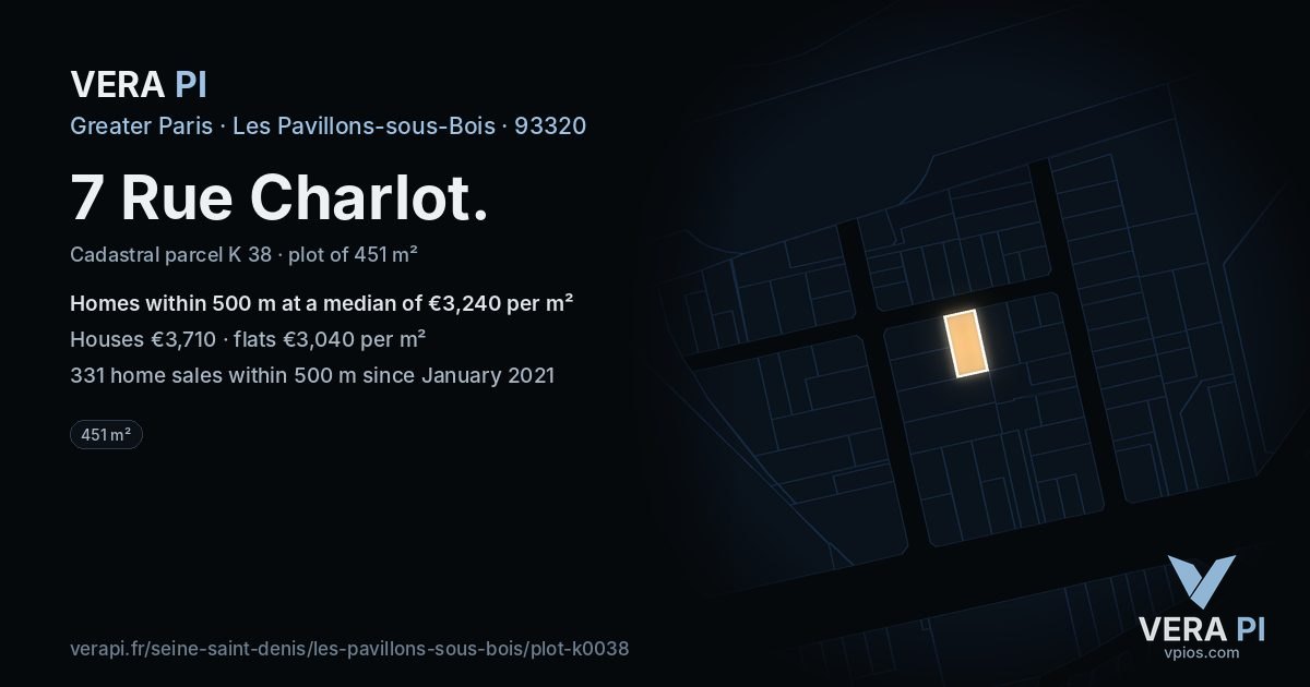 7 Rue Charlot, Les Pavillons-sous-Bois at night – the plot lit, the parcels around coloured by the prices near them