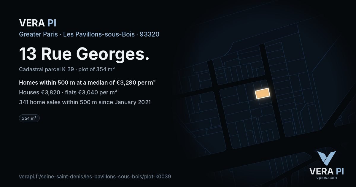 13 Rue Georges, Les Pavillons-sous-Bois at night – the plot lit, the parcels around coloured by the prices near them