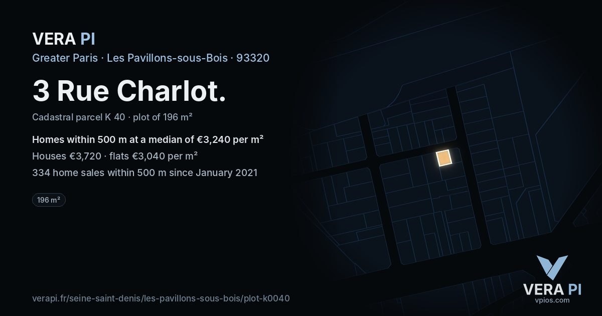 3 Rue Charlot, Les Pavillons-sous-Bois at night – the plot lit, the parcels around coloured by the prices near them