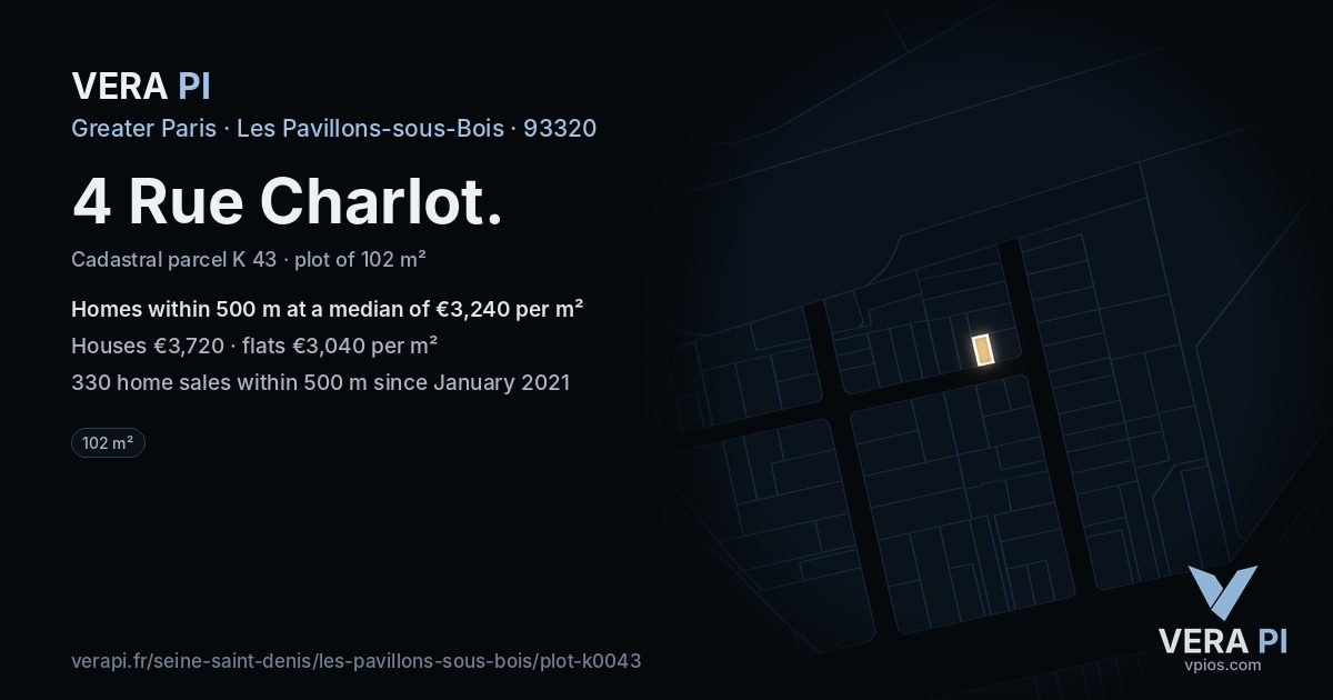 4 Rue Charlot, Les Pavillons-sous-Bois at night – the plot lit, the parcels around coloured by the prices near them