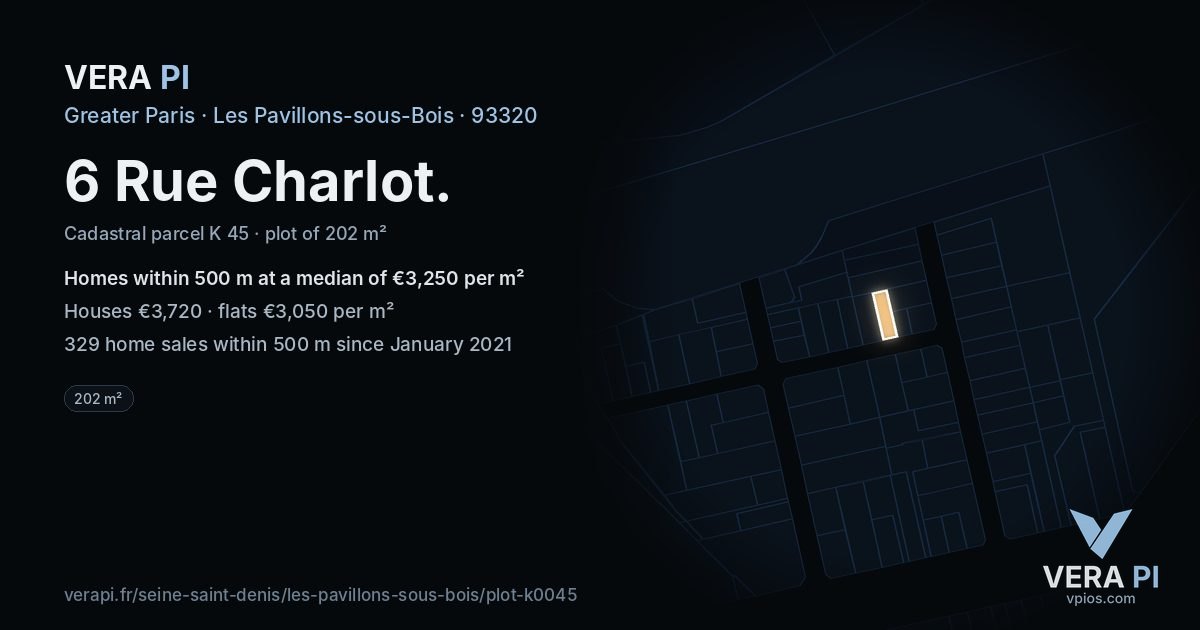 6 Rue Charlot, Les Pavillons-sous-Bois at night – the plot lit, the parcels around coloured by the prices near them