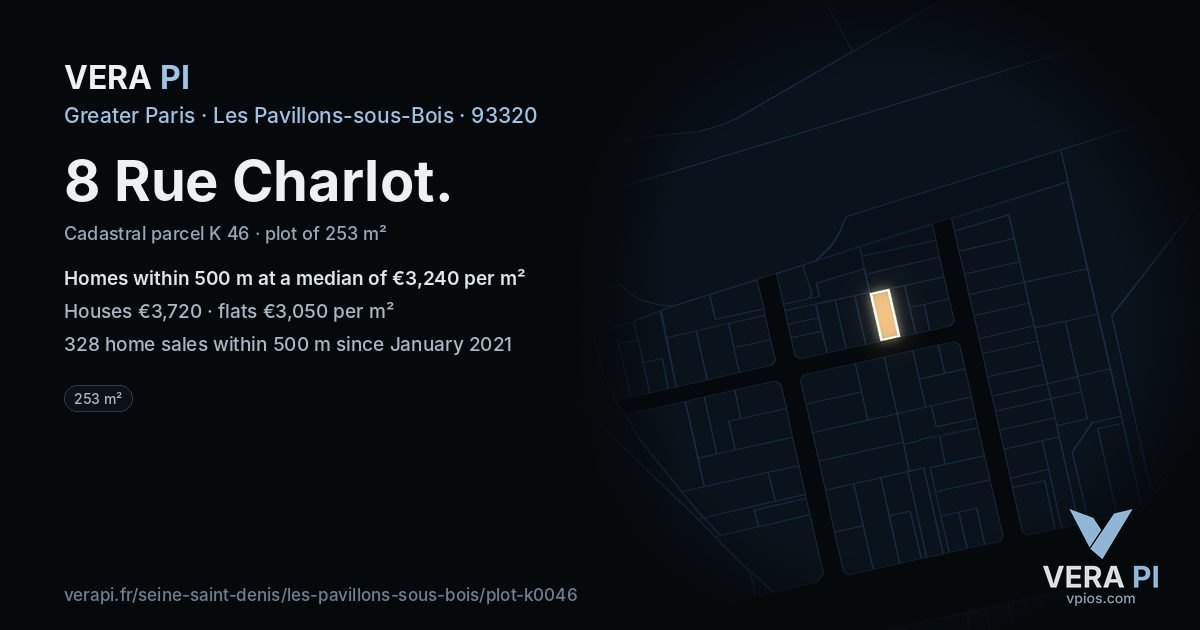 8 Rue Charlot, Les Pavillons-sous-Bois at night – the plot lit, the parcels around coloured by the prices near them