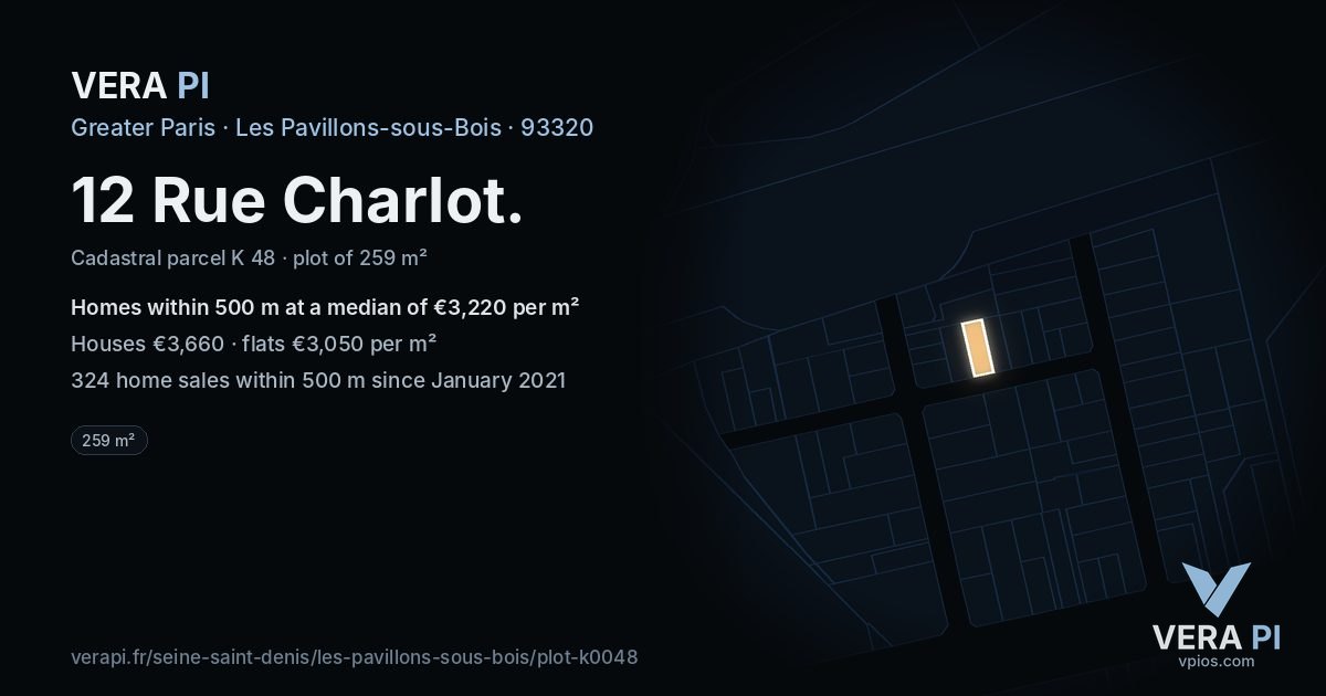 12 Rue Charlot, Les Pavillons-sous-Bois at night – the plot lit, the parcels around coloured by the prices near them