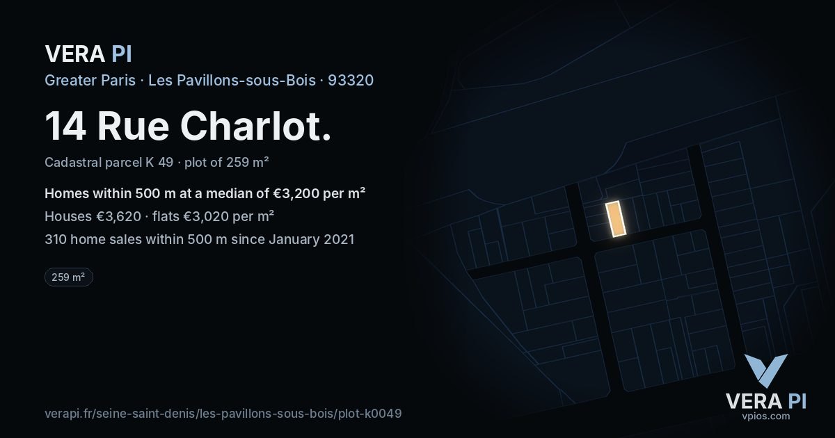 14 Rue Charlot, Les Pavillons-sous-Bois at night – the plot lit, the parcels around coloured by the prices near them