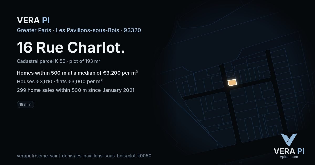 16 Rue Charlot, Les Pavillons-sous-Bois at night – the plot lit, the parcels around coloured by the prices near them