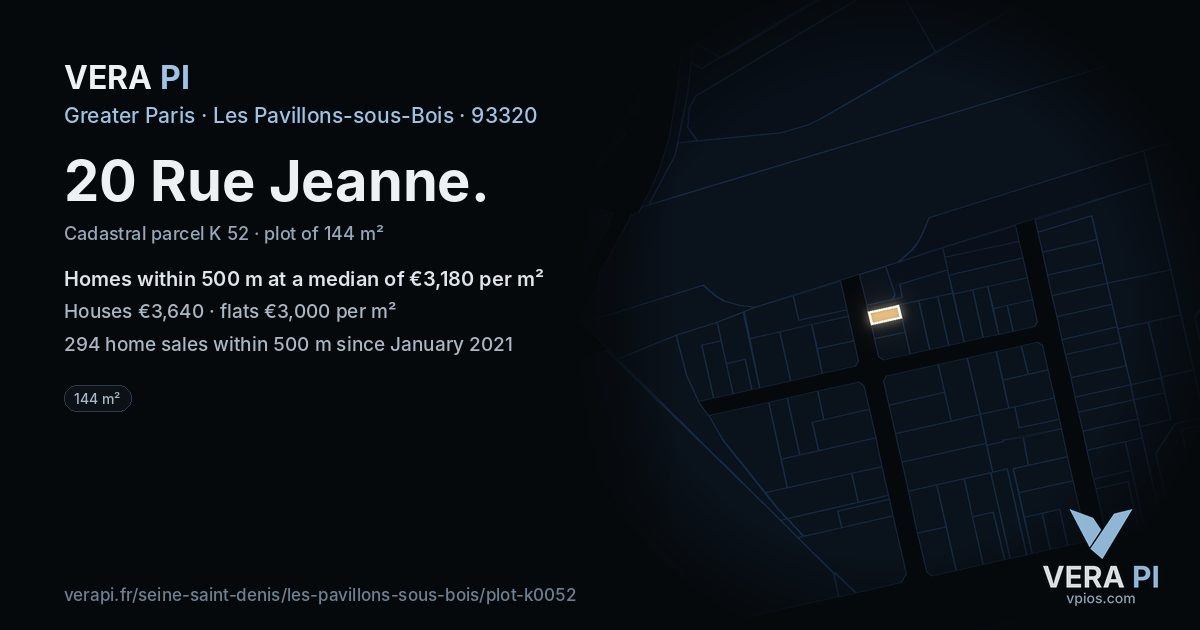 20 Rue Jeanne, Les Pavillons-sous-Bois at night – the plot lit, the parcels around coloured by the prices near them