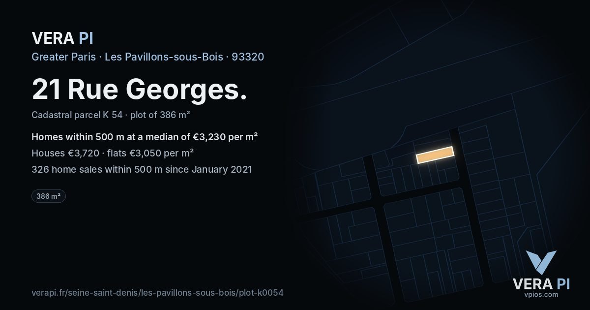 21 Rue Georges, Les Pavillons-sous-Bois at night – the plot lit, the parcels around coloured by the prices near them