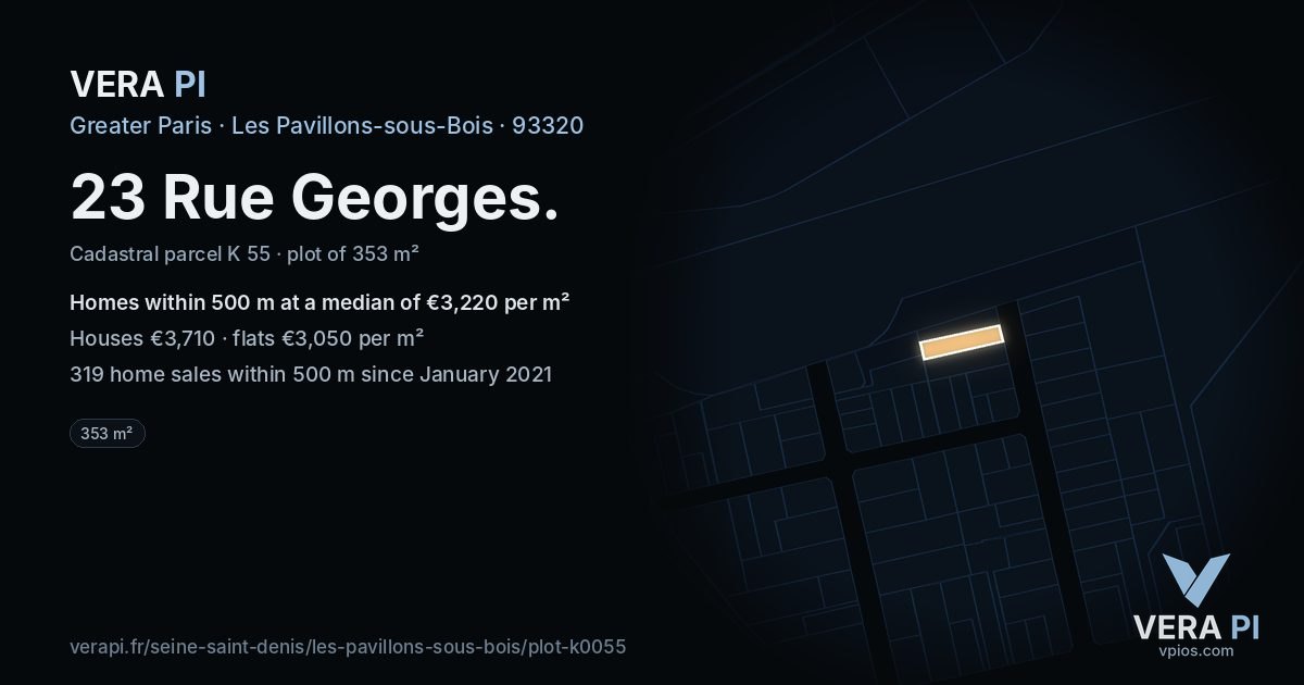 23 Rue Georges, Les Pavillons-sous-Bois at night – the plot lit, the parcels around coloured by the prices near them