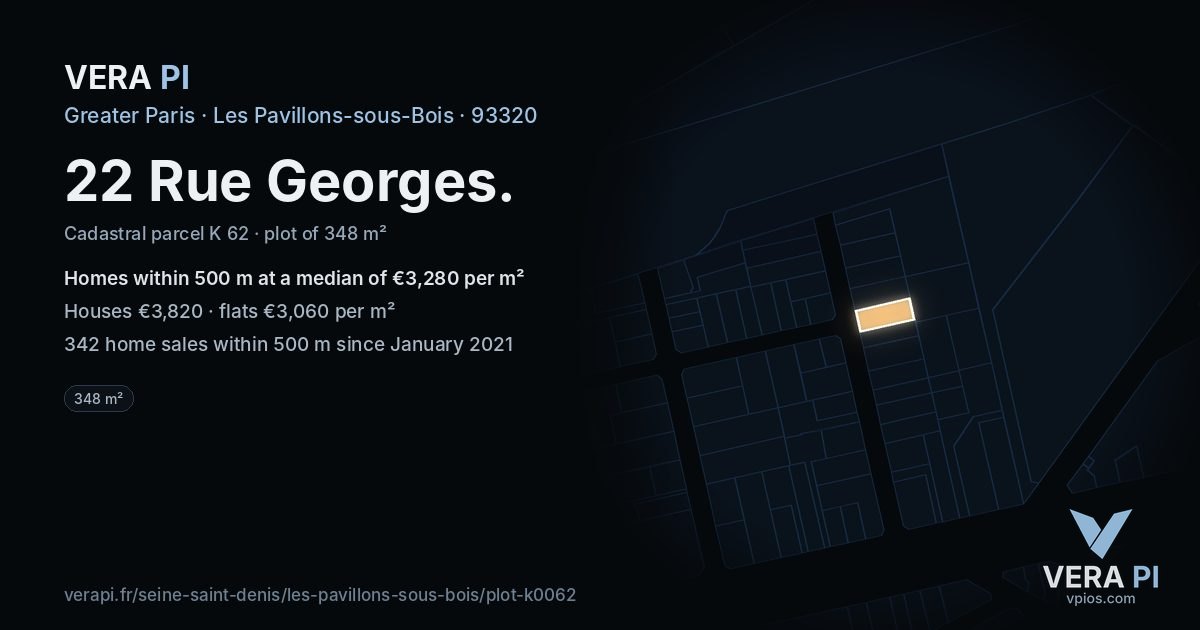 22 Rue Georges, Les Pavillons-sous-Bois at night – the plot lit, the parcels around coloured by the prices near them