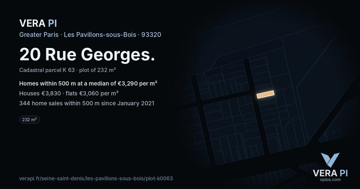 20 Rue Georges, Les Pavillons-sous-Bois at night – the plot lit, the parcels around coloured by the prices near them