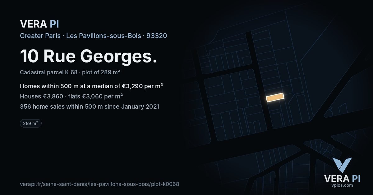 10 Rue Georges, Les Pavillons-sous-Bois at night – the plot lit, the parcels around coloured by the prices near them