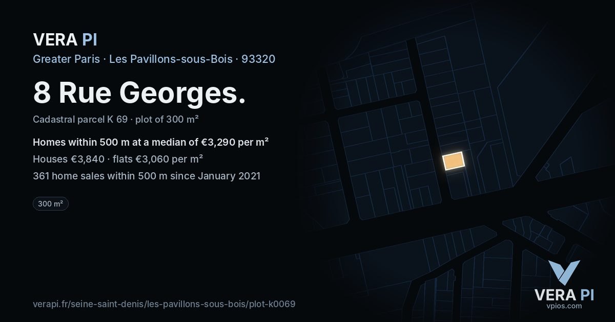 8 Rue Georges, Les Pavillons-sous-Bois at night – the plot lit, the parcels around coloured by the prices near them