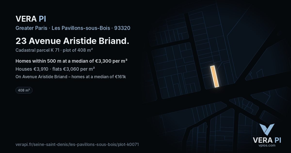 23 Avenue Aristide Briand, Les Pavillons-sous-Bois at night – the plot lit, the parcels around coloured by the prices near them