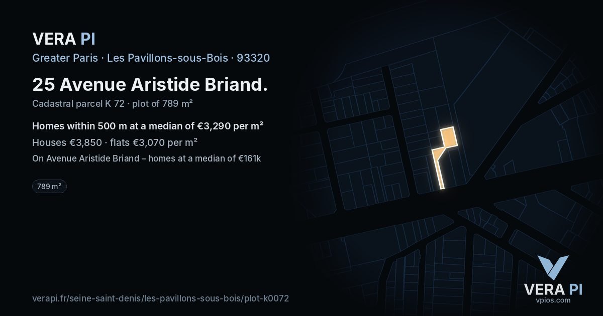 25 Avenue Aristide Briand, Les Pavillons-sous-Bois at night – the plot lit, the parcels around coloured by the prices near them