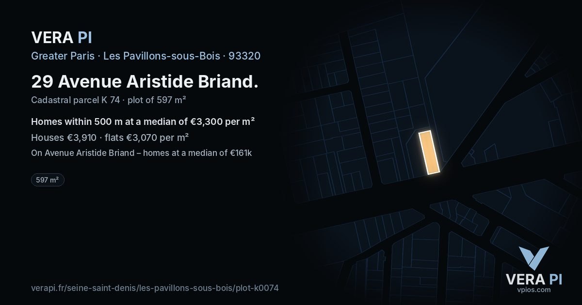 29 Avenue Aristide Briand, Les Pavillons-sous-Bois at night – the plot lit, the parcels around coloured by the prices near them