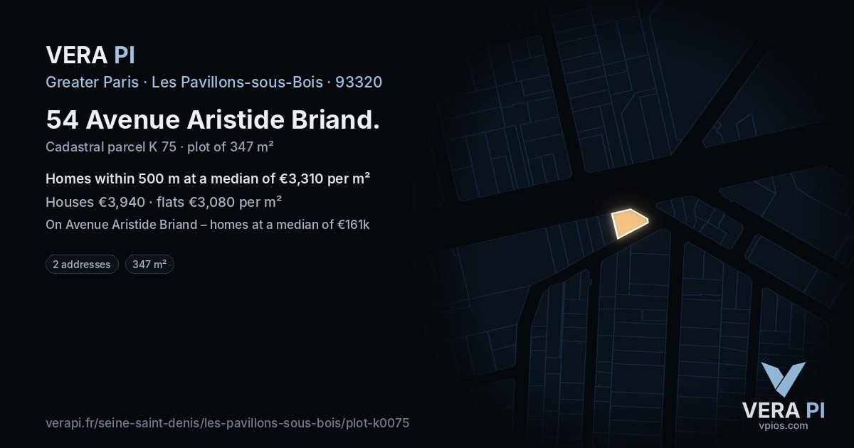 54 Avenue Aristide Briand, Les Pavillons-sous-Bois at night – the plot lit, the parcels around coloured by the prices near them