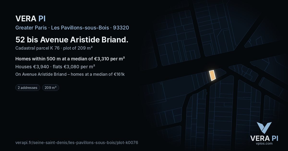 52 bis Avenue Aristide Briand, Les Pavillons-sous-Bois at night – the plot lit, the parcels around coloured by the prices near them