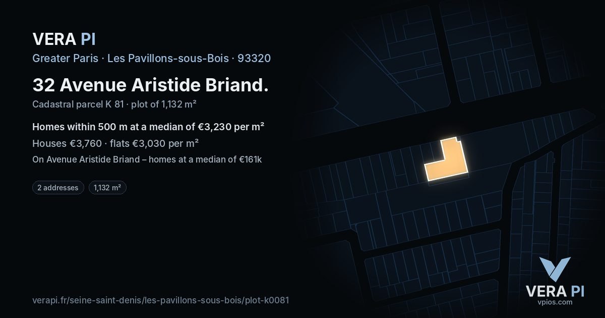 32 Avenue Aristide Briand, Les Pavillons-sous-Bois at night – the plot lit, the parcels around coloured by the prices near them