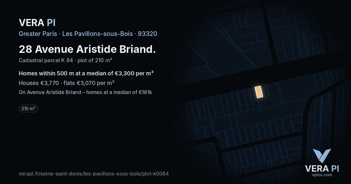 28 Avenue Aristide Briand, Les Pavillons-sous-Bois at night – the plot lit, the parcels around coloured by the prices near them