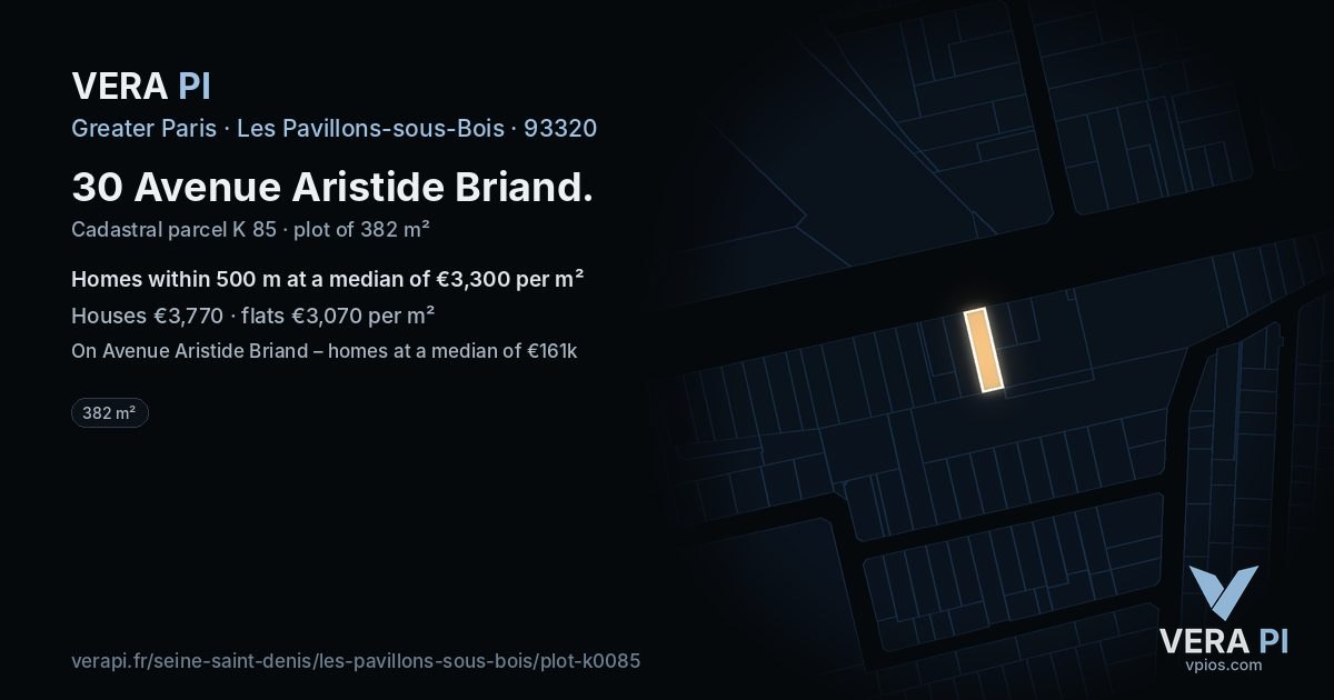 30 Avenue Aristide Briand, Les Pavillons-sous-Bois at night – the plot lit, the parcels around coloured by the prices near them