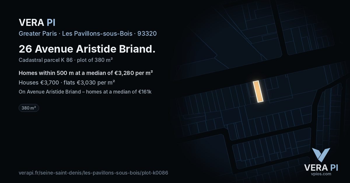 26 Avenue Aristide Briand, Les Pavillons-sous-Bois at night – the plot lit, the parcels around coloured by the prices near them