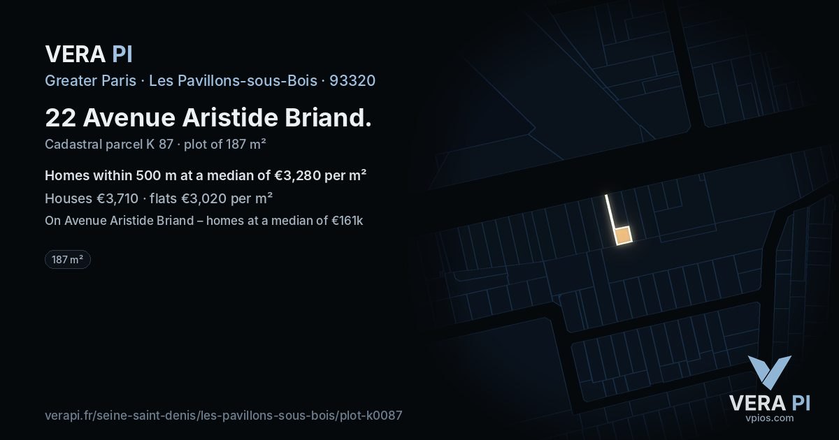 22 Avenue Aristide Briand, Les Pavillons-sous-Bois at night – the plot lit, the parcels around coloured by the prices near them