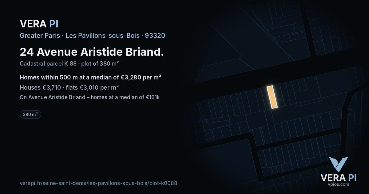 24 Avenue Aristide Briand, Les Pavillons-sous-Bois at night – the plot lit, the parcels around coloured by the prices near them