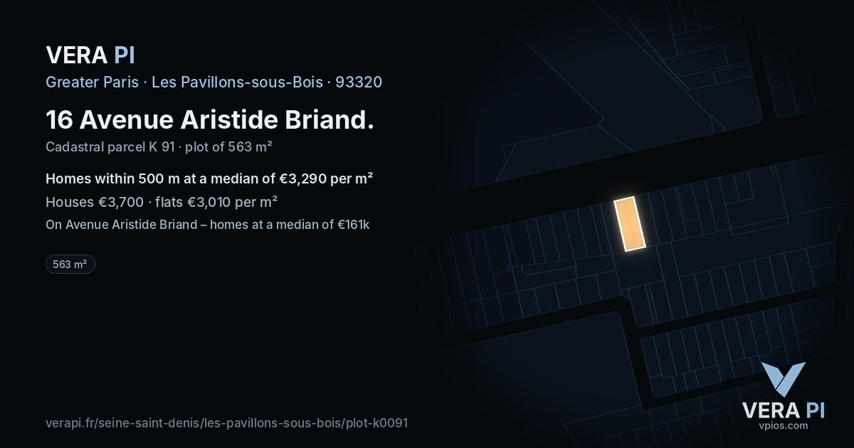 16 Avenue Aristide Briand, Les Pavillons-sous-Bois at night – the plot lit, the parcels around coloured by the prices near them