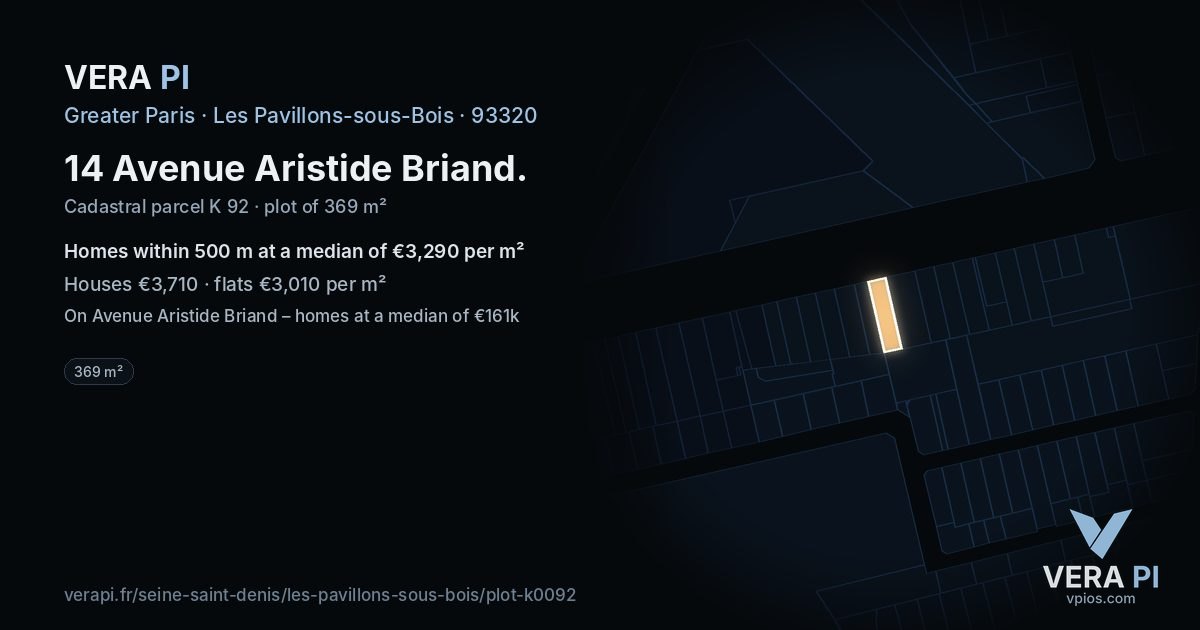 14 Avenue Aristide Briand, Les Pavillons-sous-Bois at night – the plot lit, the parcels around coloured by the prices near them