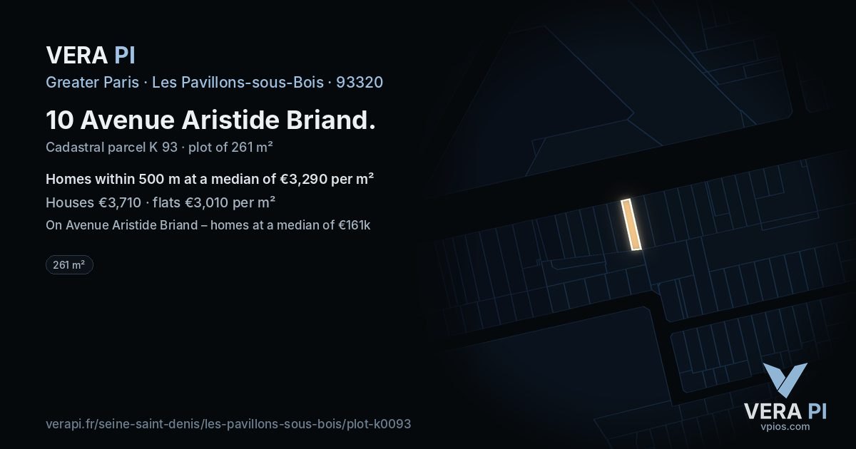 10 Avenue Aristide Briand, Les Pavillons-sous-Bois at night – the plot lit, the parcels around coloured by the prices near them