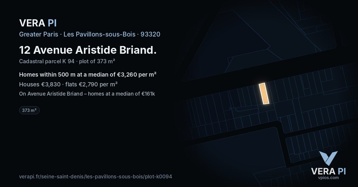 12 Avenue Aristide Briand, Les Pavillons-sous-Bois at night – the plot lit, the parcels around coloured by the prices near them