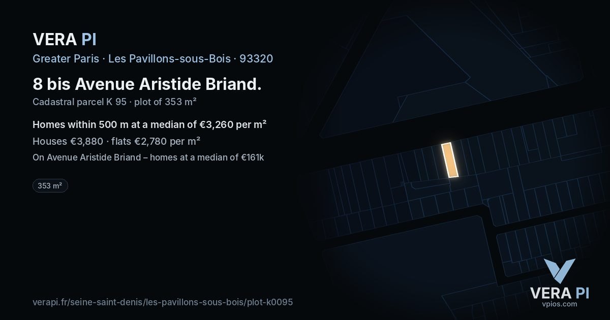 8 bis Avenue Aristide Briand, Les Pavillons-sous-Bois at night – the plot lit, the parcels around coloured by the prices near them