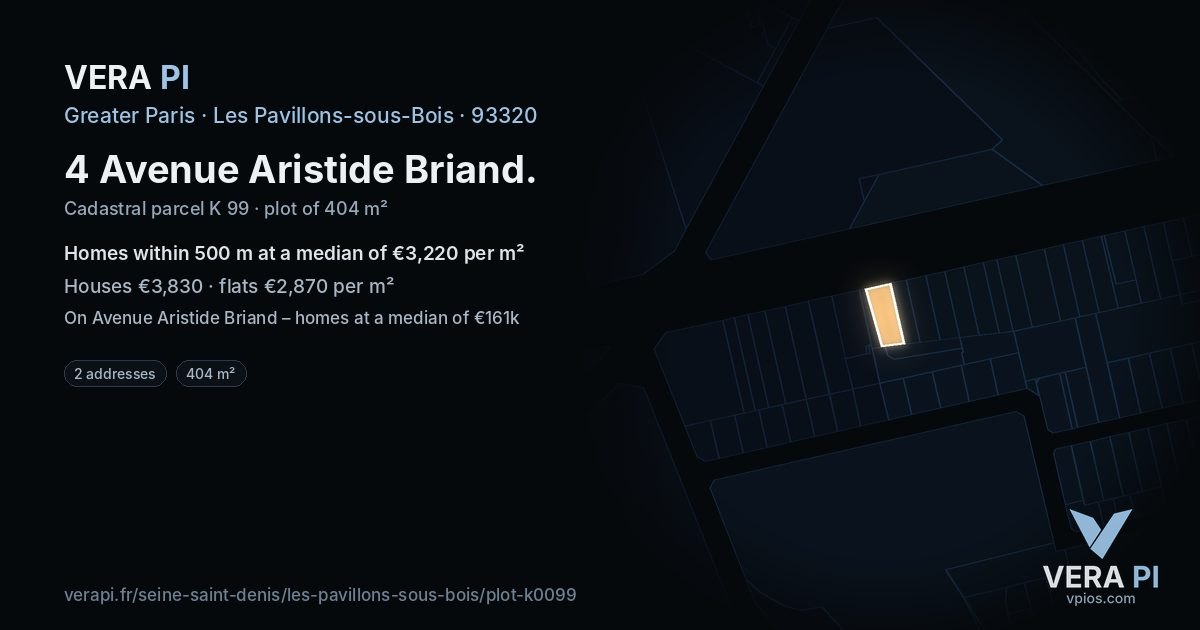 4 Avenue Aristide Briand, Les Pavillons-sous-Bois at night – the plot lit, the parcels around coloured by the prices near them
