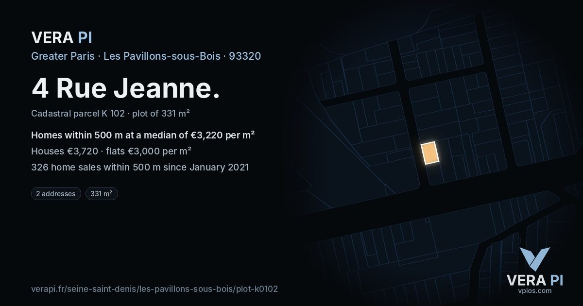 4 Rue Jeanne, Les Pavillons-sous-Bois at night – the plot lit, the parcels around coloured by the prices near them