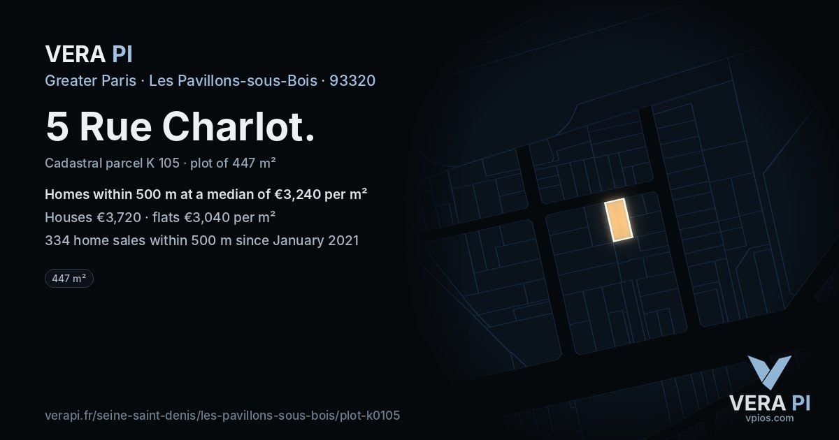 5 Rue Charlot, Les Pavillons-sous-Bois at night – the plot lit, the parcels around coloured by the prices near them
