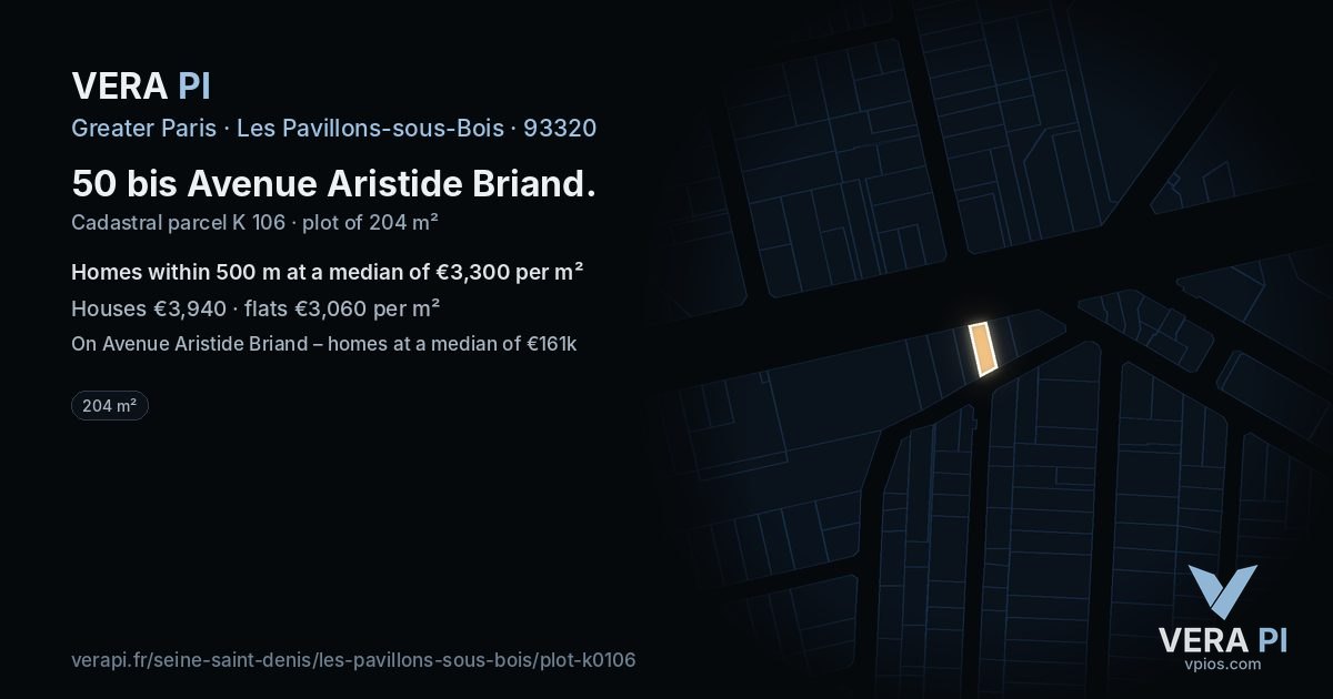 50 bis Avenue Aristide Briand, Les Pavillons-sous-Bois at night – the plot lit, the parcels around coloured by the prices near them