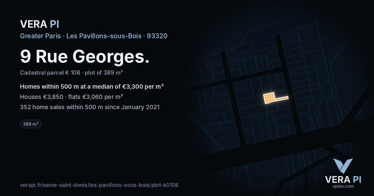 9 Rue Georges, Les Pavillons-sous-Bois at night – the plot lit, the parcels around coloured by the prices near them